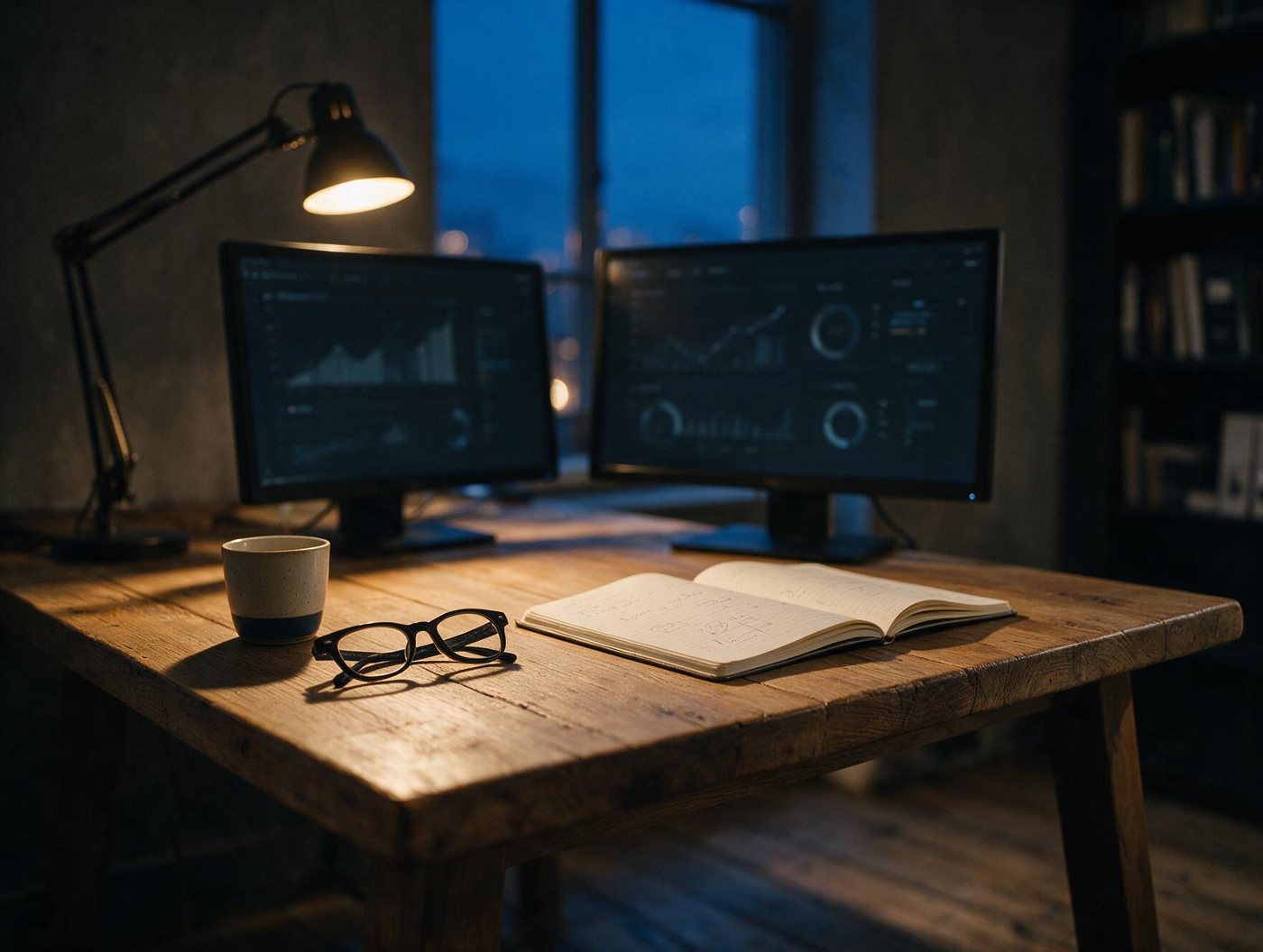 Mesa de trabalho ao anoitecer com dois monitores exibindo painéis de indicadores e um caderno aberto